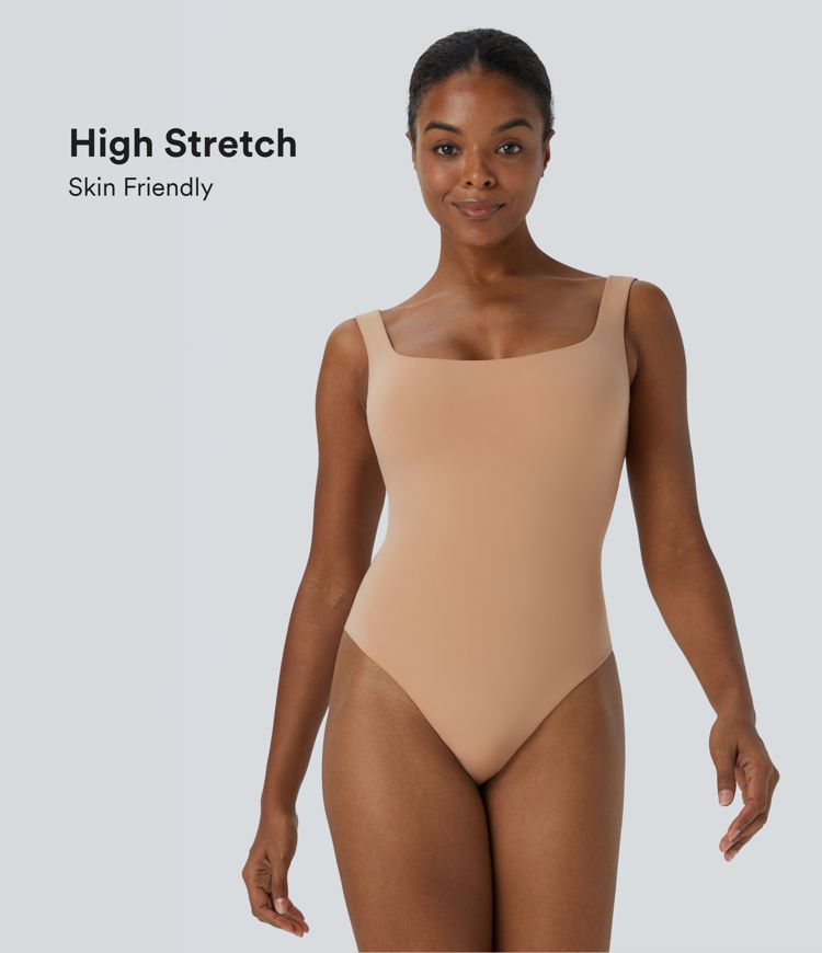 High Stretch Skin Friendly Square Neck Backless Button Lounge Underwear Bodysuit