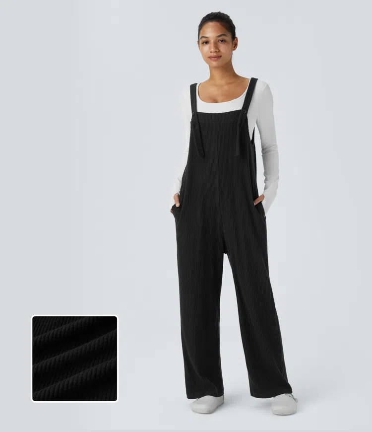 Ribbed Knit Pocket Casual Overalls