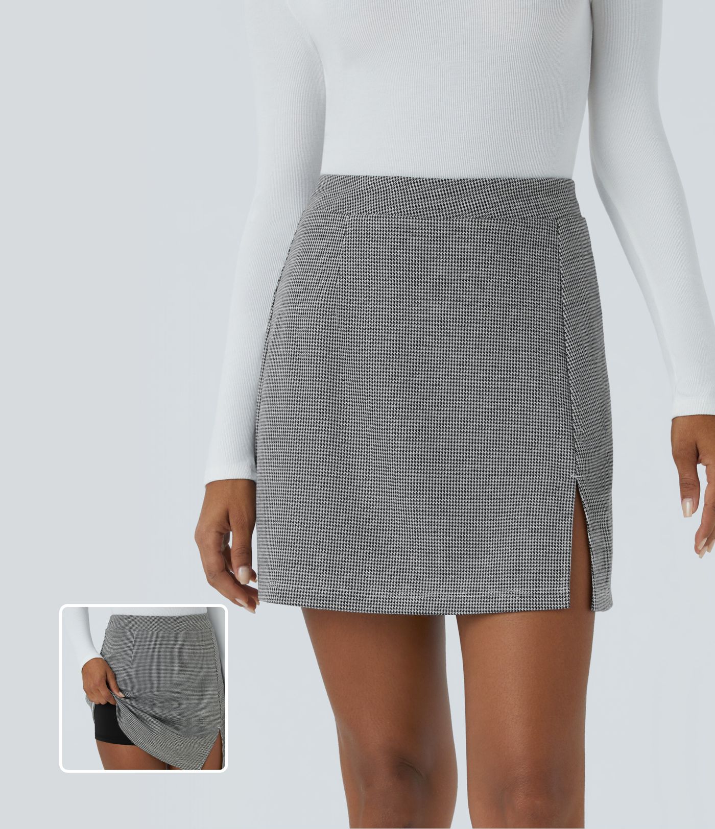 High Waisted 2-in-1 Houndstooth Mini Work Skirt