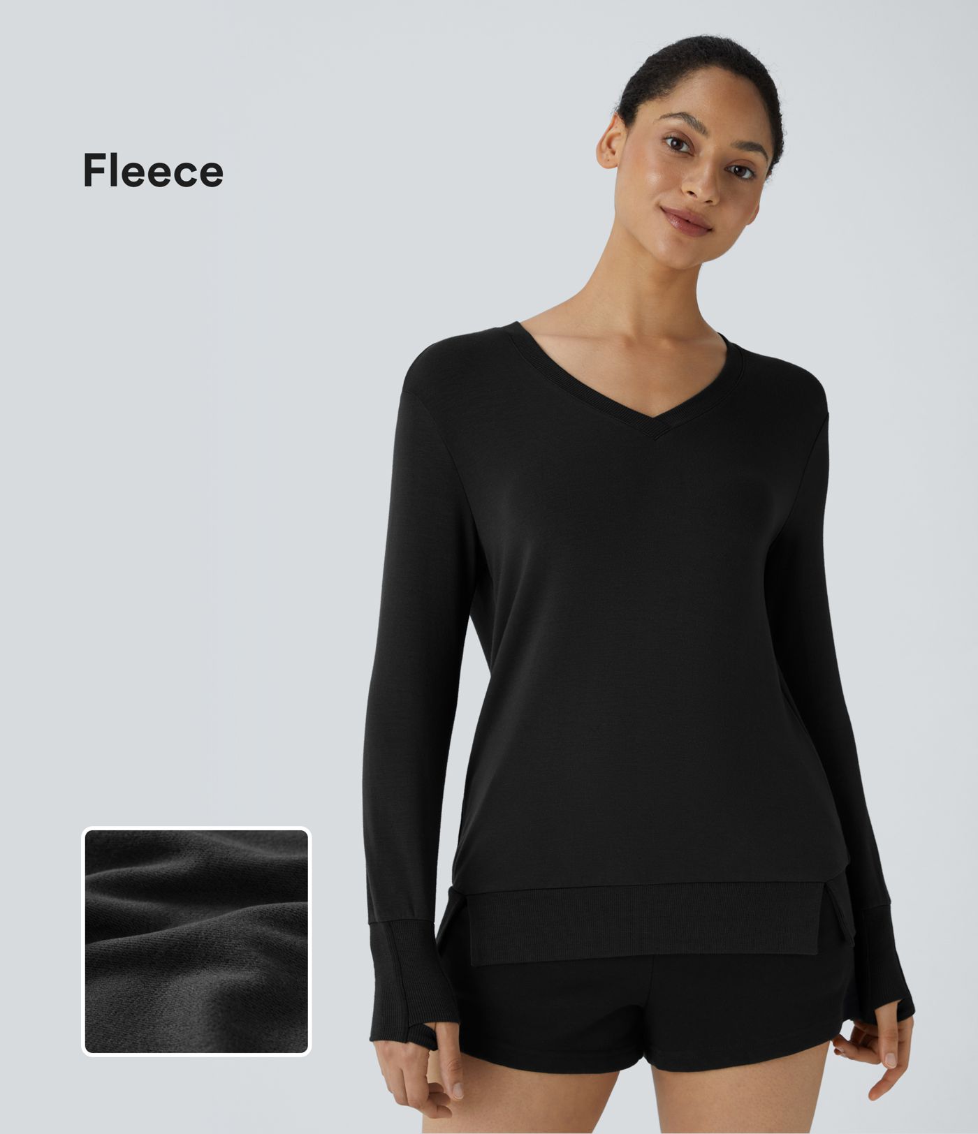 V-neck thumb hole split ribbed hem fleece loungewear sweatshirt