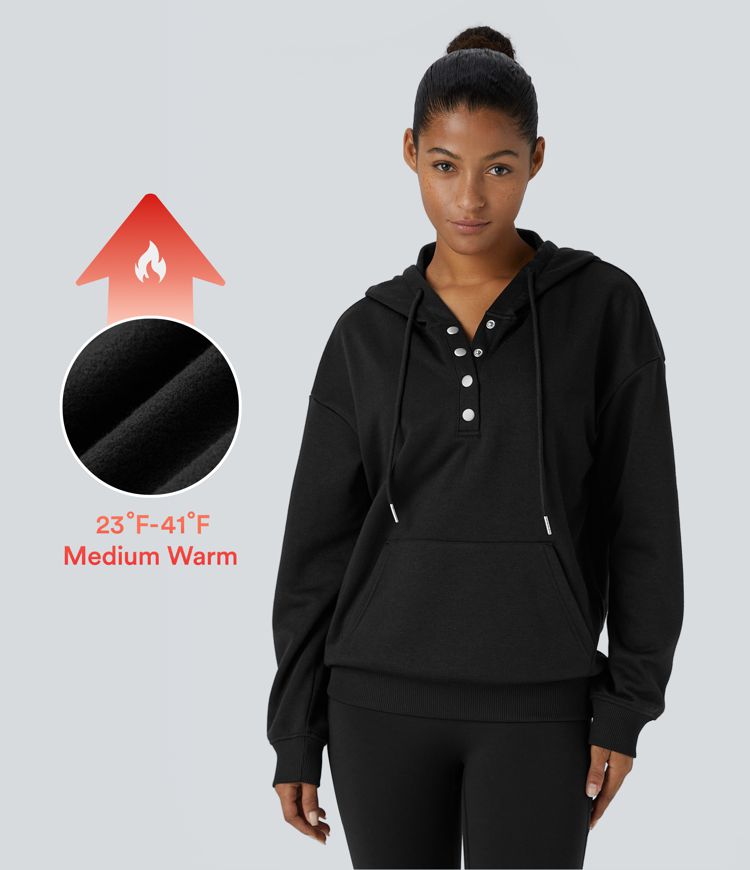 Hooded Drawstring Snap Button Kangaroo Pocket Relaxed Fleece Casual Sweatshirt