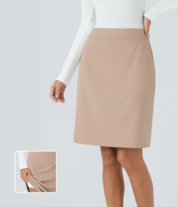 High Waisted Invisible Zipper Side Pocket 2-in-1 Split Hem Straight Work Skirt