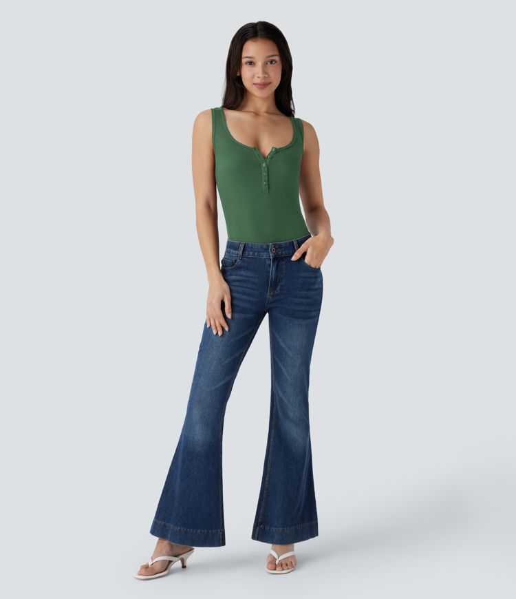 Ribbed Henley Neck Slim Casual Tank Top