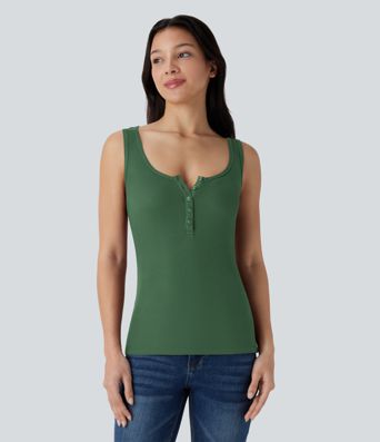 Ribbed Henley Neck Slim Casual Tank Top