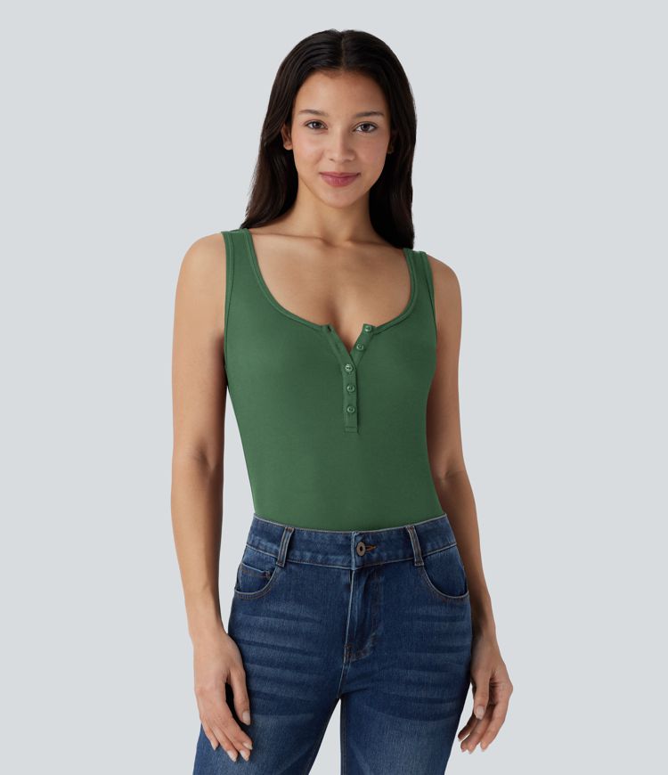 Ribbed Henley Neck Slim Casual Tank Top