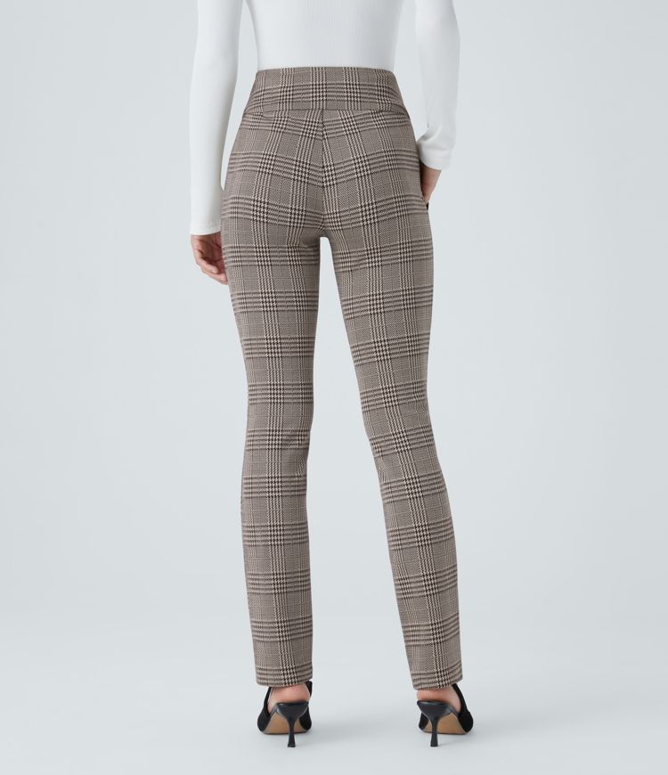 High Waisted Decorative Button Side Pocket Houndstooth Plaid Skinny Work Pants