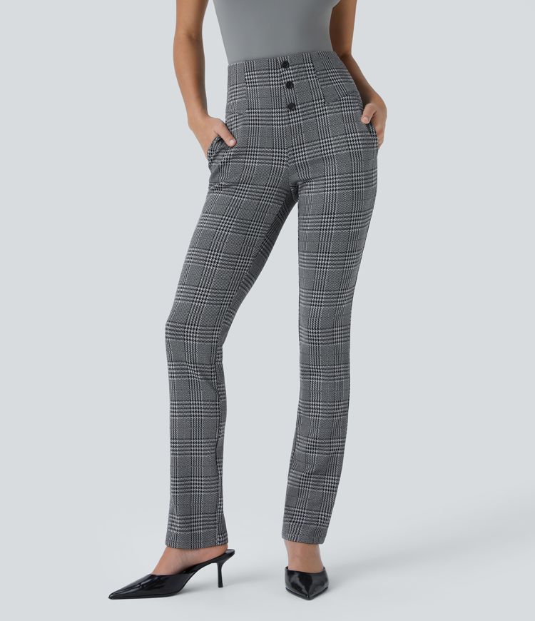 High Waisted Decorative Button Side Pocket Houndstooth Plaid Skinny Work Pants