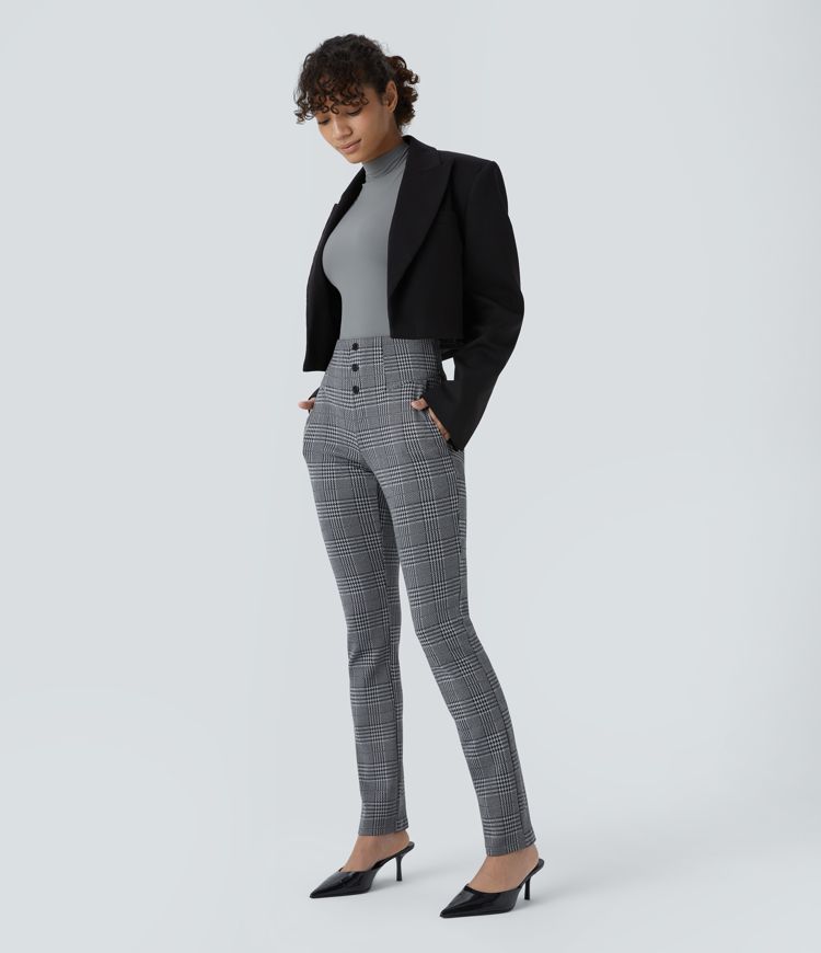 High Waisted Decorative Button Side Pocket Houndstooth Plaid Skinny Work Pants