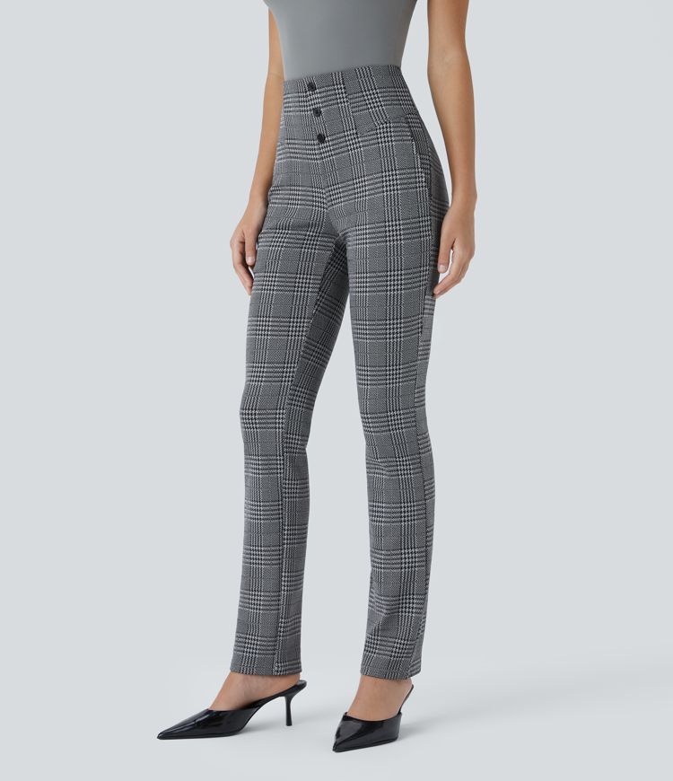 High Waisted Decorative Button Side Pocket Houndstooth Plaid Skinny Work Pants