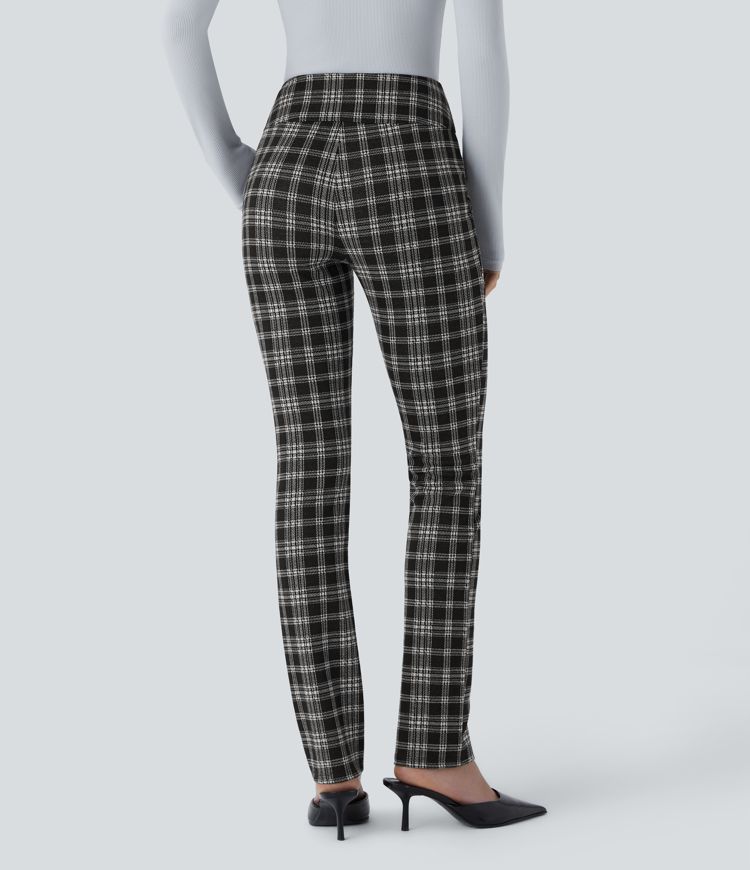 High Waisted Decorative Button Side Pocket Houndstooth Plaid Skinny Work Trousers