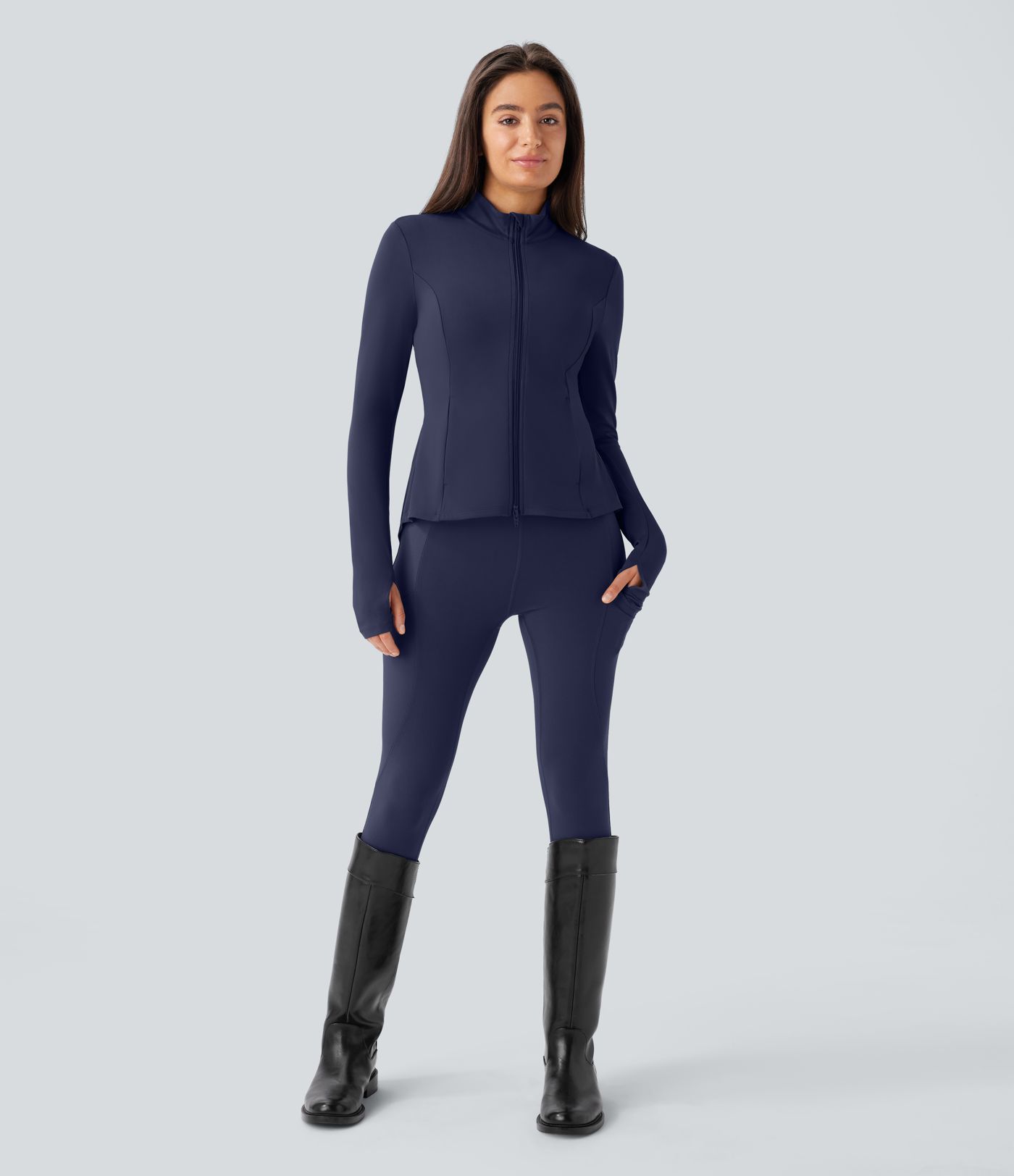 SoftlyZero™ Stand Collar Thumb Hole Pockets Pleated Zipper Slim Jacket-UPF50+