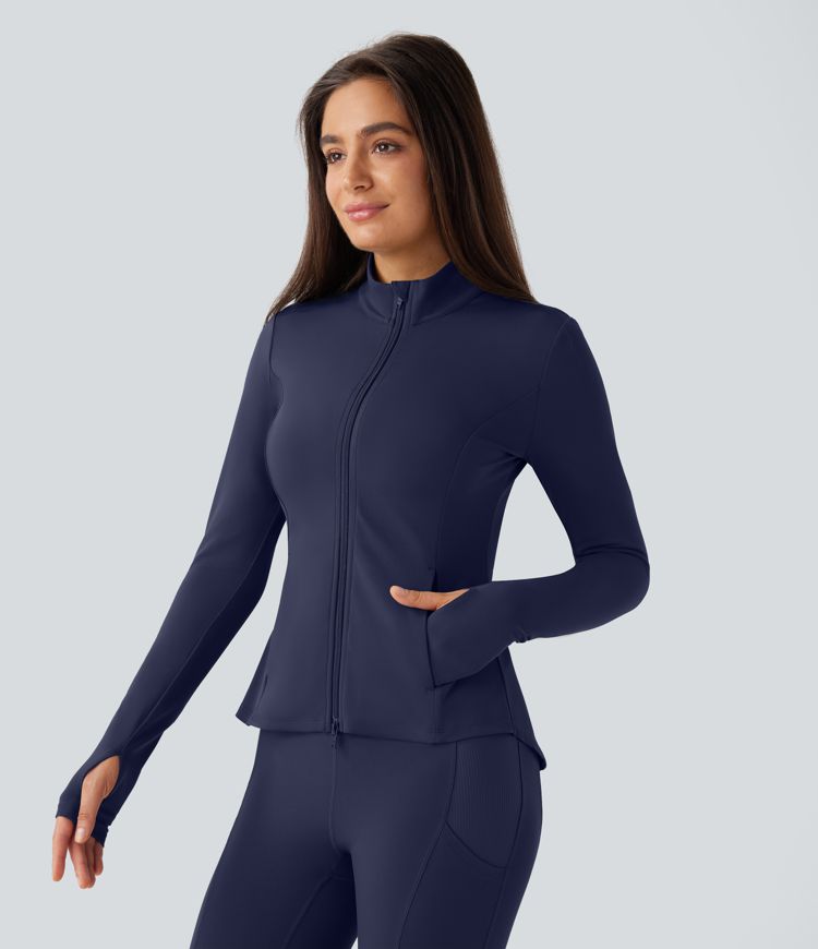 SoftlyZero™ Stand Collar Thumb Hole Pockets Pleated Zipper Slim Jacket-UPF50+