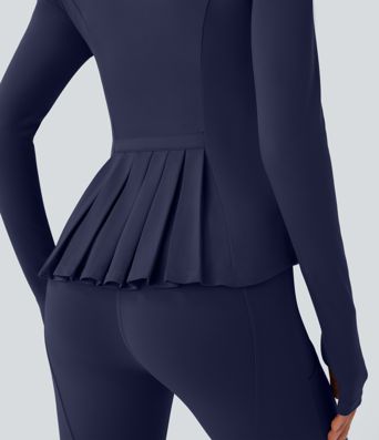 SoftlyZero™ Stand Collar Thumb Hole Pockets Pleated Zipper Slim Jacket-UPF50+