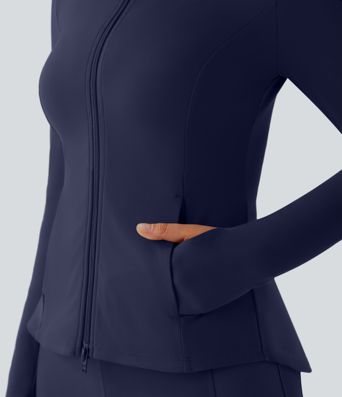 SoftlyZero™ Stand Collar Thumb Hole Pockets Pleated Zipper Slim Jacket-UPF50+