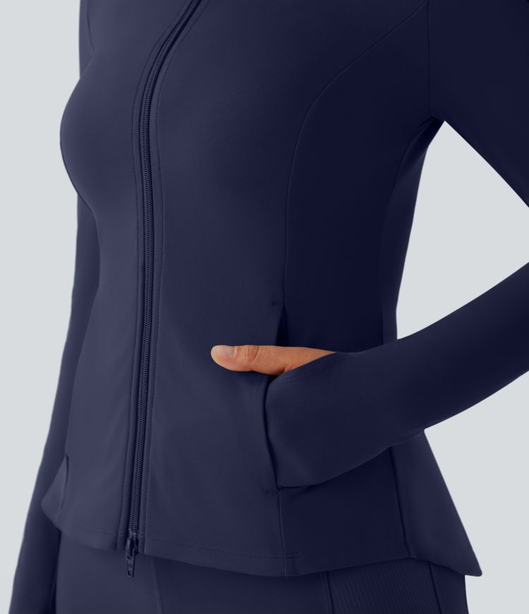 SoftlyZero™ Stand Collar Thumb Hole Pockets Pleated Zipper Slim Jacket-UPF50+