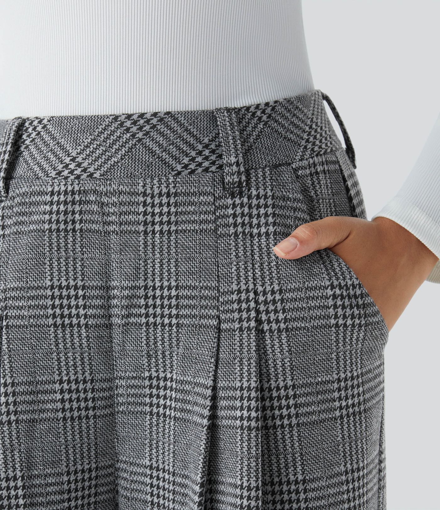 High Waisted Side Pocket Wide Leg Houndstooth Plaid Casual Pants
