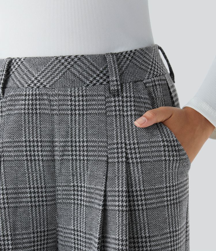 High Waisted Side Pocket Wide Leg Houndstooth Plaid Casual Trousers