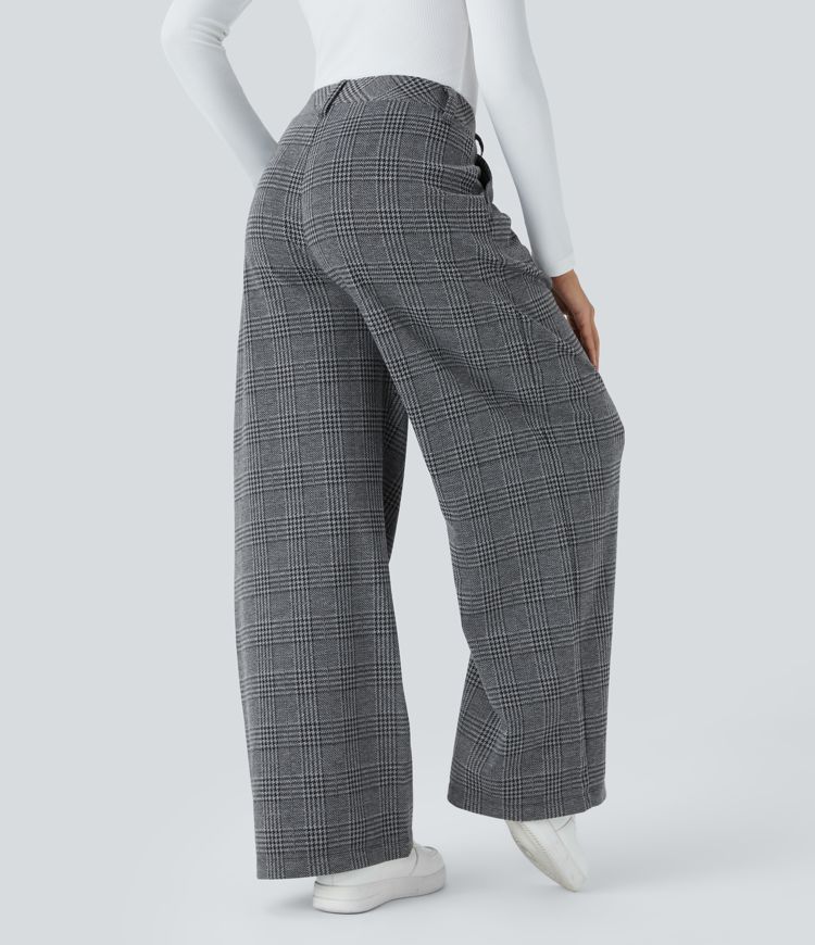 High Waisted Side Pocket Wide Leg Houndstooth Plaid Casual Trousers