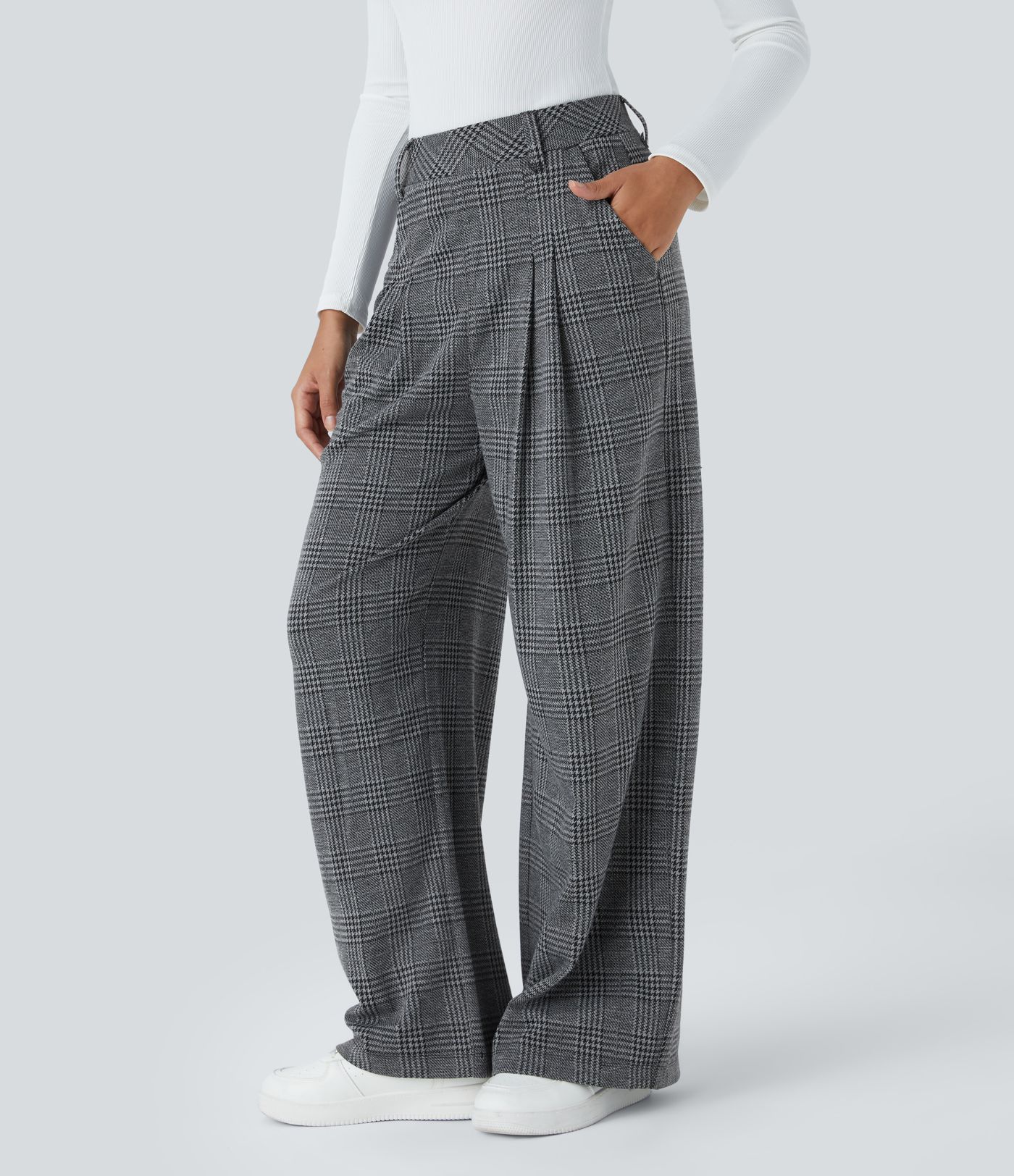 High Waisted Side Pocket Wide Leg Houndstooth Plaid Casual Pants