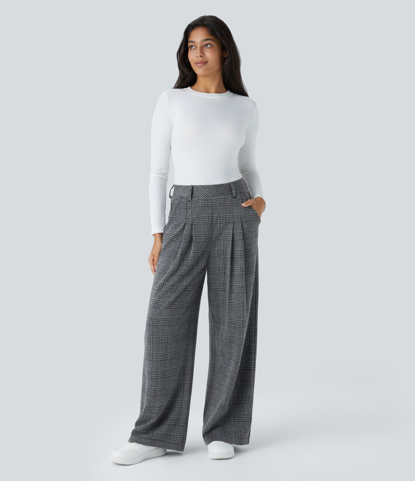 High Waisted Side Pocket Wide Leg Houndstooth Plaid Casual Pants
