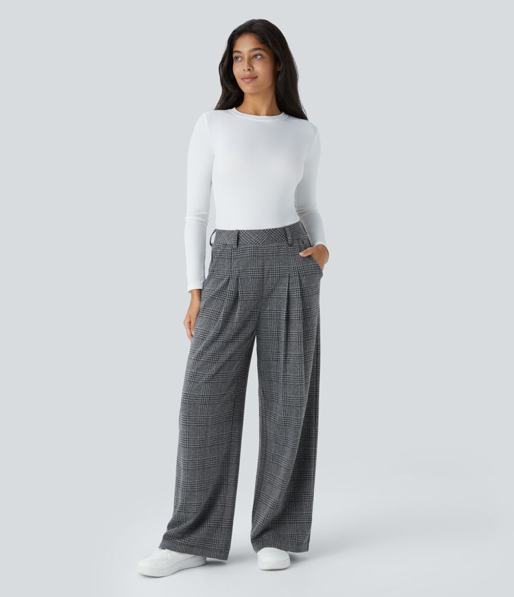 High Waisted Side Pocket Wide Leg Houndstooth Plaid Casual Trousers