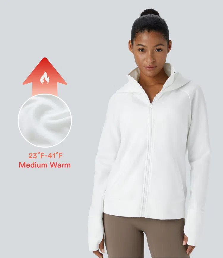 Hooded Stand Collar Zipper Long Sleeve Thumb Hole Pocket Fleece Yoga Jacket