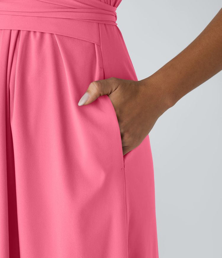Breezeful™ V Neck Short Sleeve Pocket Tie Back Quick Dry Women Midi Casual Dress-Longer Length