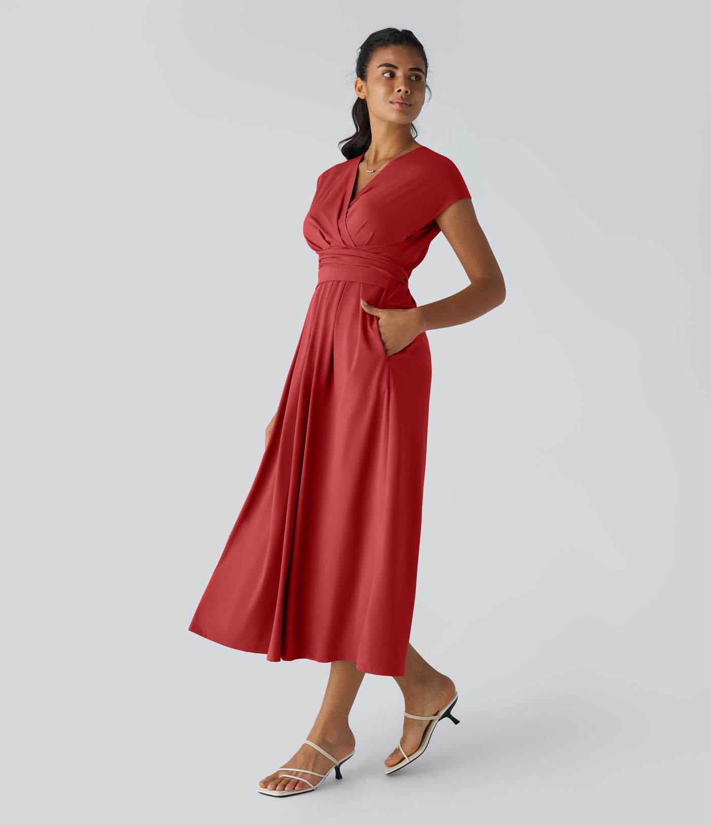 Breezeful™ V Neck Short Sleeve Side Pocket Tie Back Quick Dry Women Casual Midi Dress-Longer Length