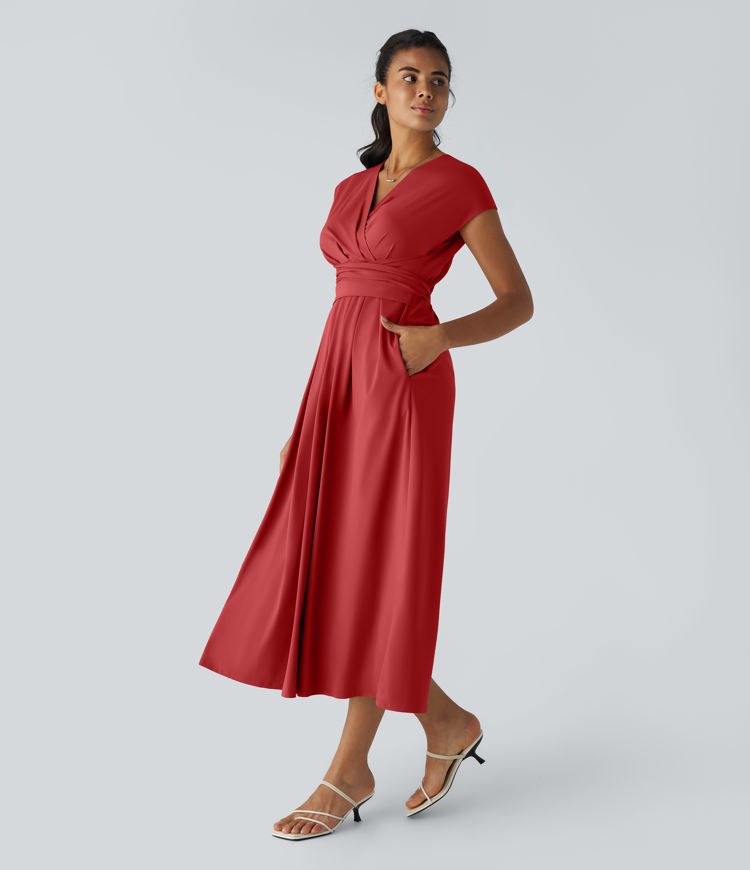 Breezeful™ V Neck Short Sleeve Side Pocket Tie Back Quick Dry Midi Casual Dress-Longer Length