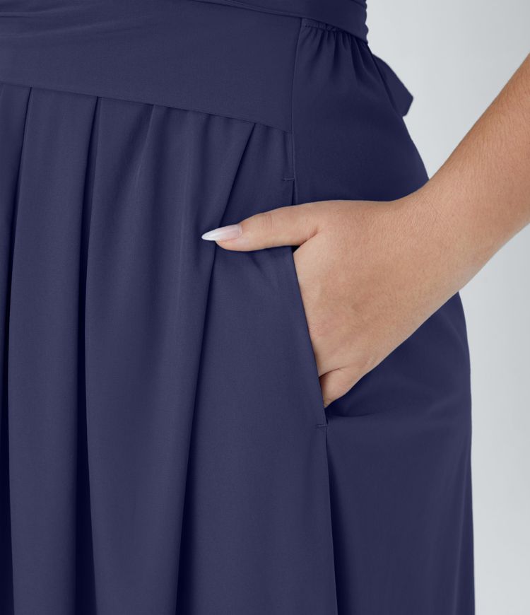 Breezeful™ V Neck Short Sleeve Pocket Tie Back Quick Dry Midi Casual Plus Size Dress