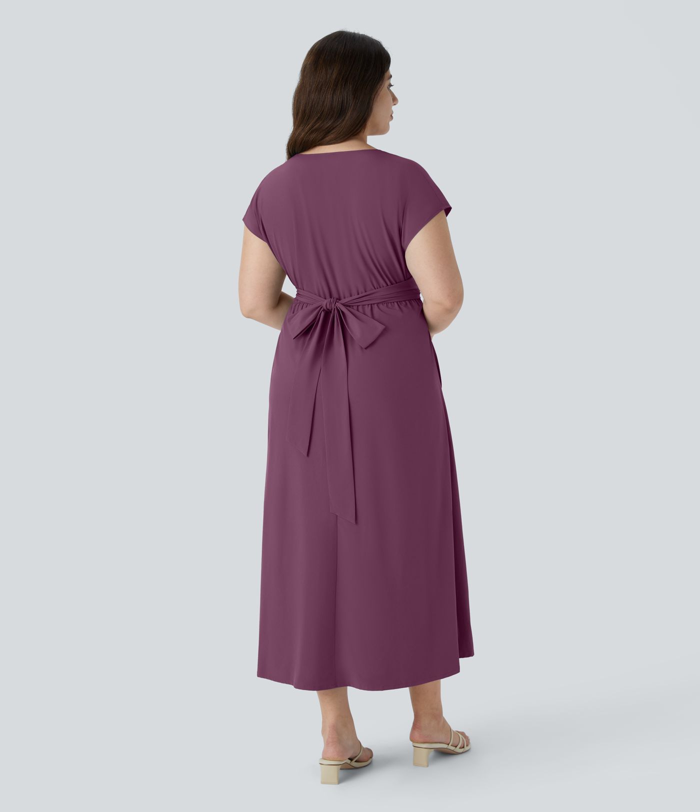 Breezeful™ V Neck Short Sleeve Pocket Tie Back Quick Dry Midi Casual Plus Size Dress