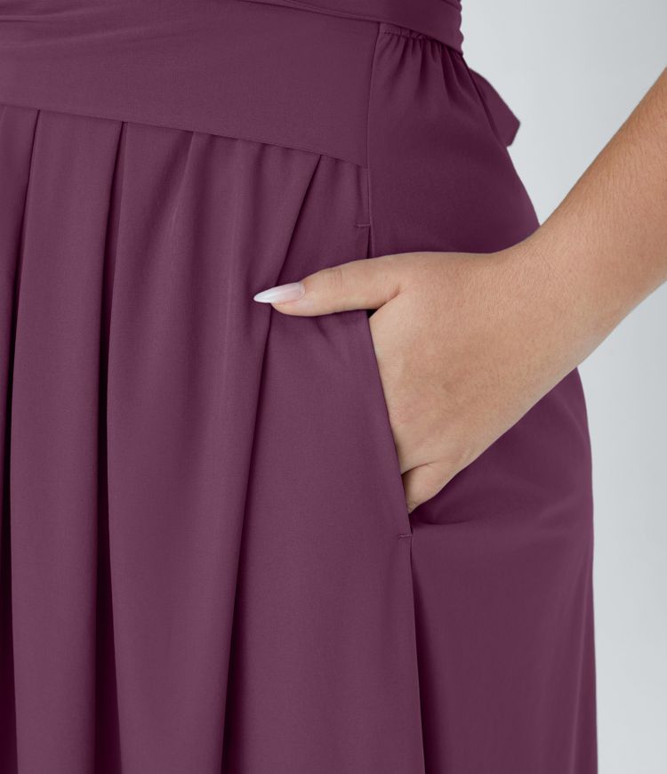 Breezeful™ V Neck Short Sleeve Pocket Tie Back Quick Dry Midi Casual Plus Size Dress