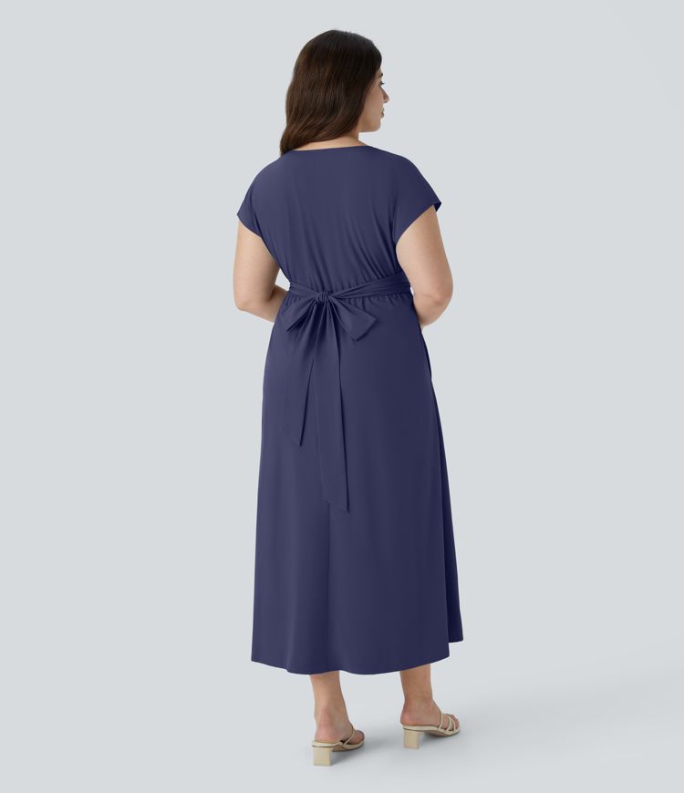 Breezeful™ V Neck Short Sleeve Pocket Tie Back Quick Dry Midi Casual Plus Size Dress
