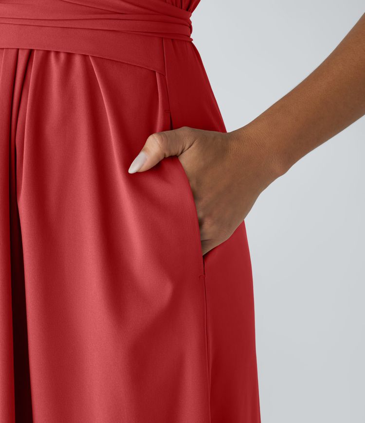 Breezeful™ V Neck Short Sleeve Side Pocket Tie Back Quick Dry Midi Casual Dress-Longer Length