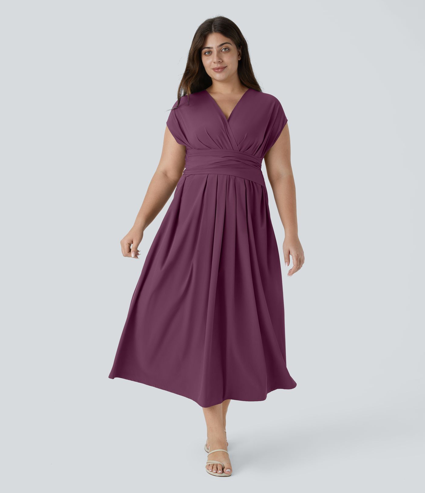 Breezeful™ V Neck Short Sleeve Pocket Tie Back Quick Dry Midi Casual Plus Size Dress