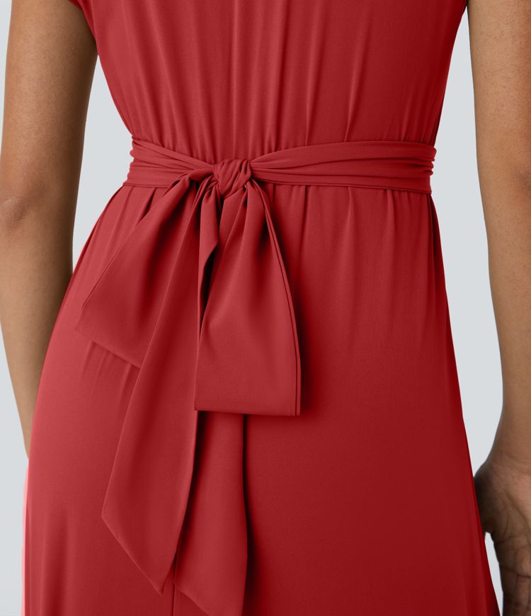 Breezeful™ V Neck Short Sleeve Side Pocket Tie Back Quick Dry Midi Casual Dress-Longer Length