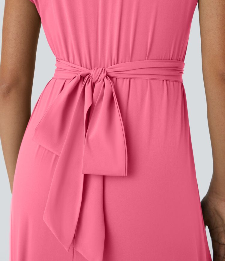 Breezeful™ V Neck Short Sleeve Pocket Tie Back Quick Dry Women Midi Casual Dress-Longer Length