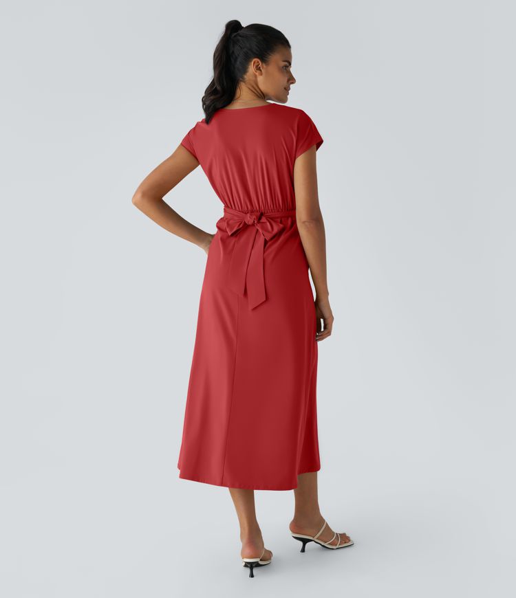Breezeful™ V Neck Short Sleeve Side Pocket Tie Back Quick Dry Midi Casual Dress-Longer Length