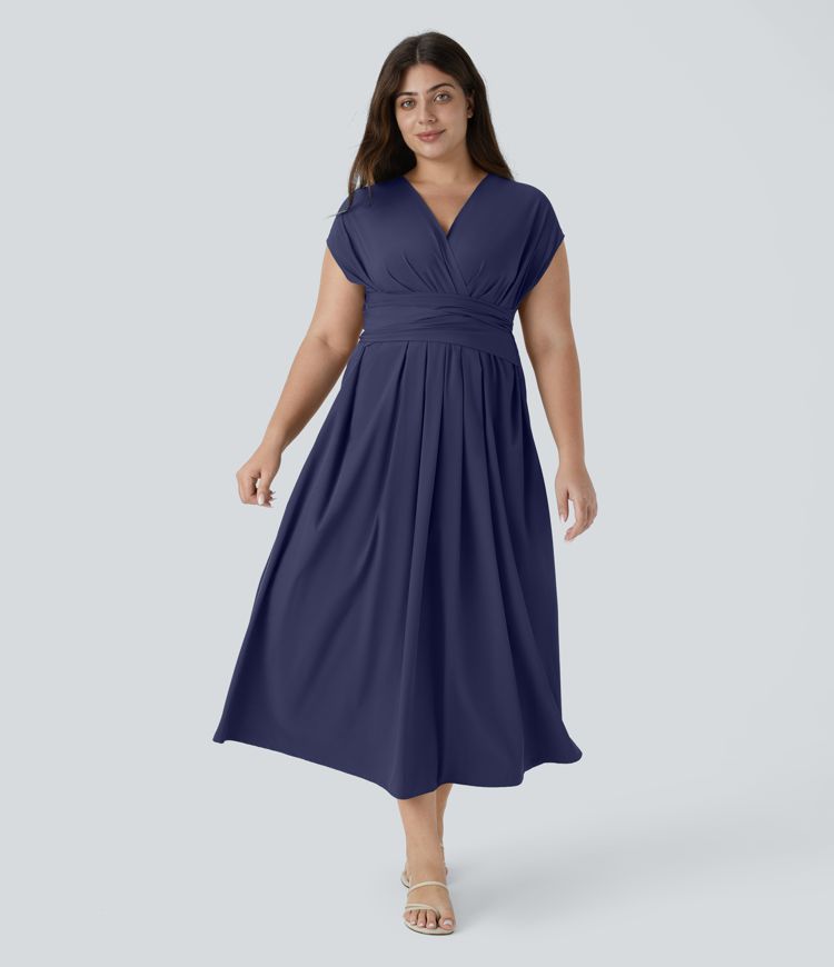 Breezeful™ V Neck Short Sleeve Pocket Tie Back Quick Dry Midi Casual Plus Size Dress