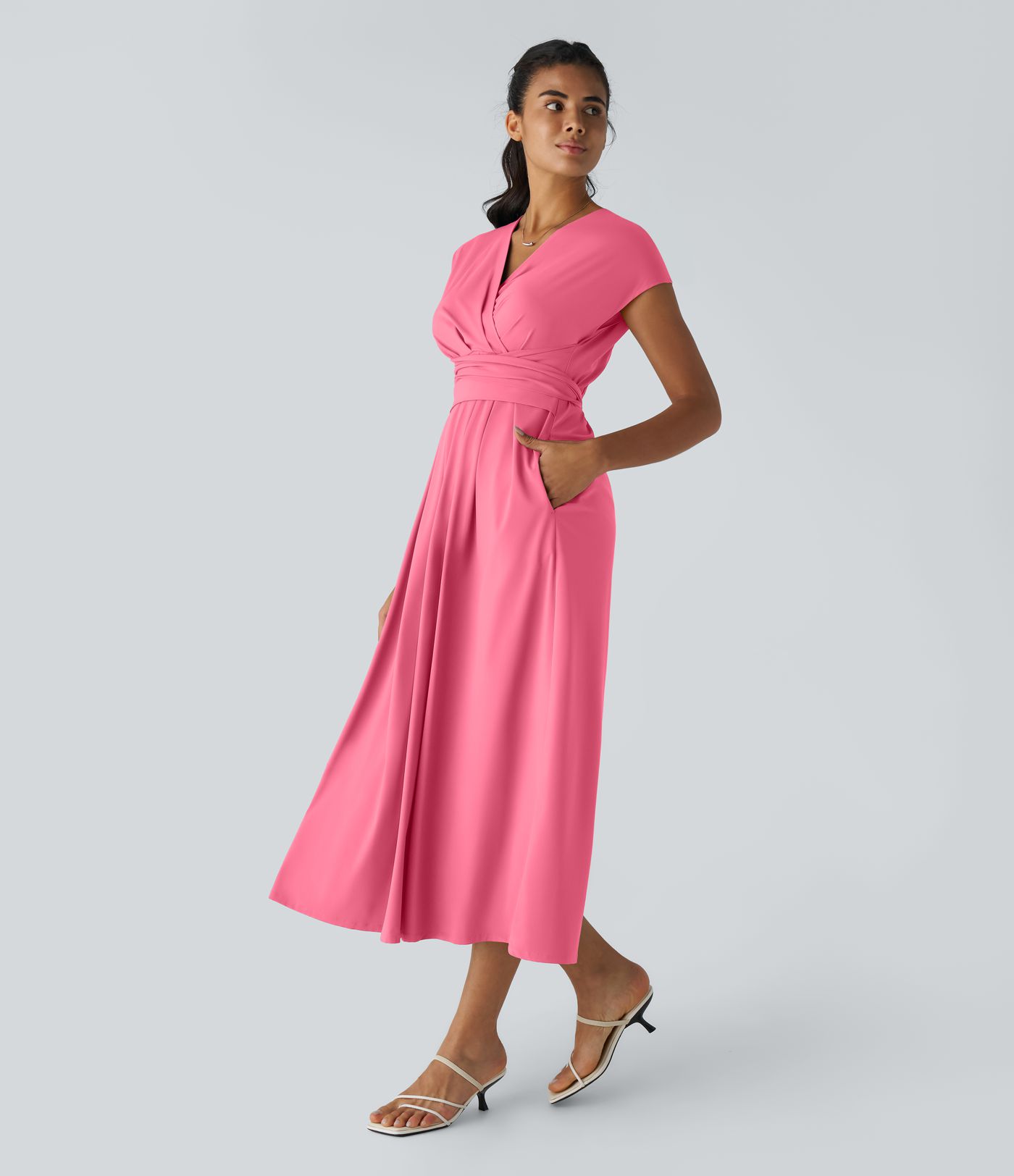 Breezeful™ V Neck Short Sleeve Pocket Tie Back Quick Dry Women Midi Casual Dress-Longer Length