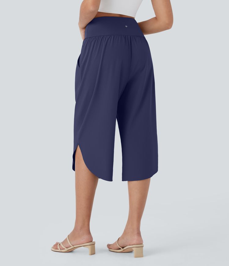 Breezeful™ Capri-Resorthose mit hoher Taille, gekreuzten Seitentaschen und geteiltem Schnitt, schnelltrocknend