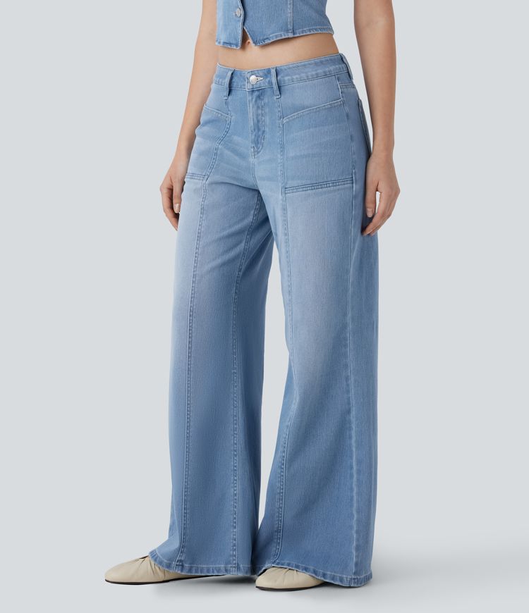 Halara Flex™ Low Rise Button Zipper Multiple Pockets Baggy Wide Leg Flare Washed Stretchy Knit Casual Jeans