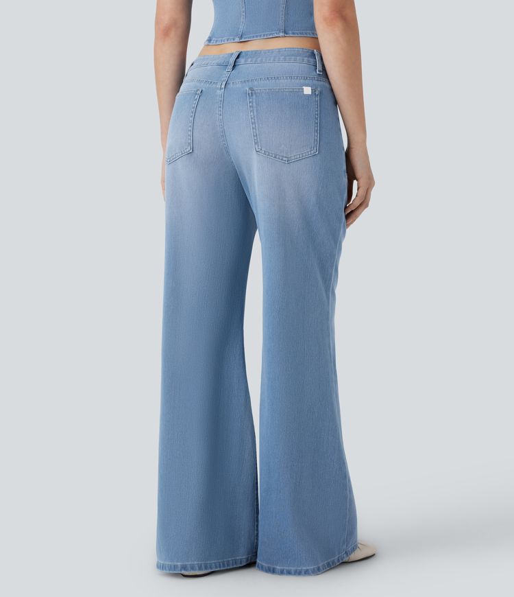 Halara Flex™ Low Rise Button Zipper Multiple Pockets Baggy Wide Leg Flare Washed Stretchy Knit Casual Jeans