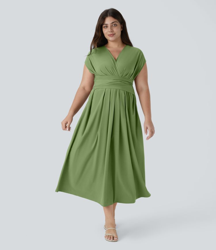 Breezeful™ V Neck Short Sleeve Side Pocket Tie Back Quick Dry Midi Casual Plus Size Dress
