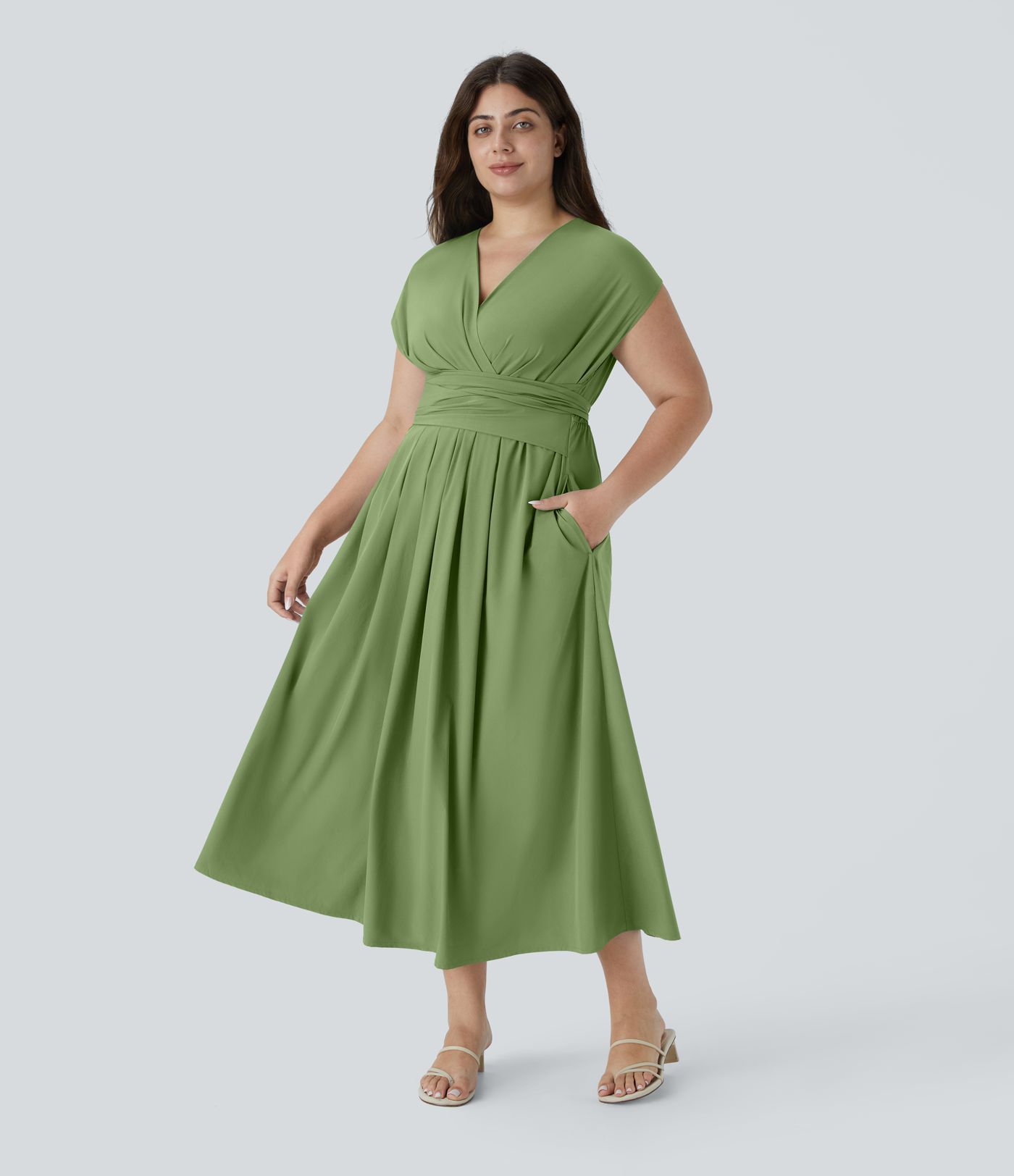 Breezeful™ V Neck Short Sleeve Side Pocket Tie Back Quick Dry Midi Casual Plus Size Dress