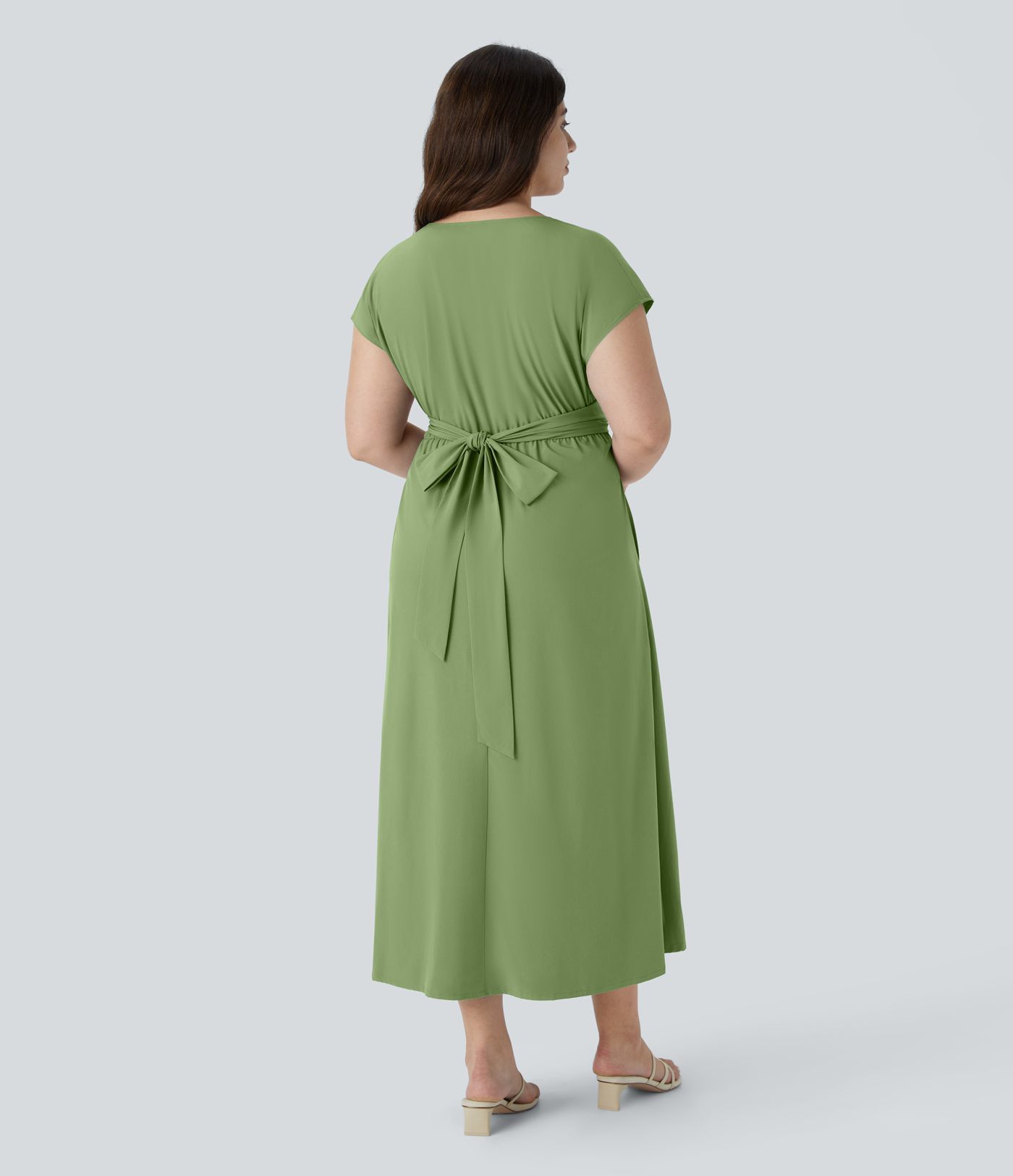 Breezeful™ V Neck Short Sleeve Side Pocket Tie Back Quick Dry Midi Casual Plus Size Dress