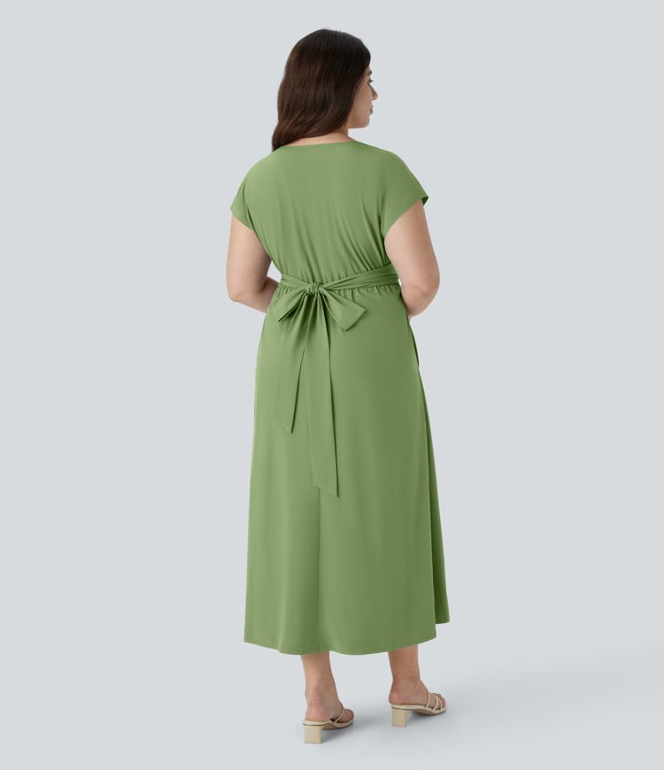 Breezeful™ V Neck Short Sleeve Side Pocket Tie Back Quick Dry Midi Casual Plus Size Dress