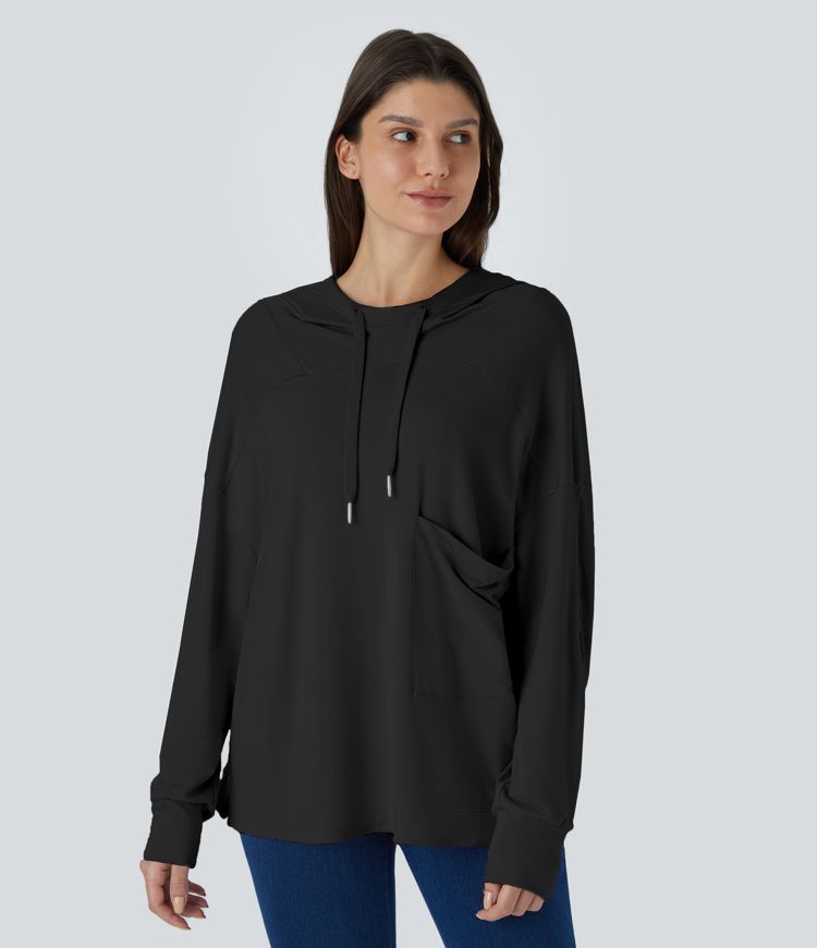 Sweat-shirt décontracté oversize à capuche, cordon de serrage, épaules tombantes et poche poitrine