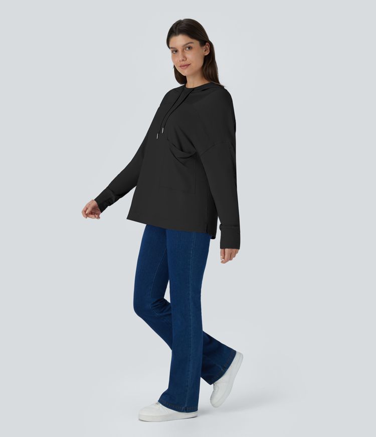 Sweat-shirt décontracté oversize à capuche, cordon de serrage, épaules tombantes et poche poitrine