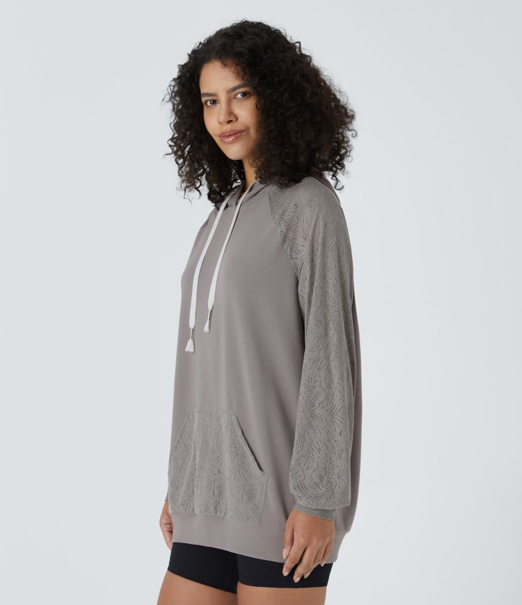 Hooded Drawstring Long Sleeve Kangaroo Pocket Contrast Lace Waffle Casual Hoodie Sweatshirt